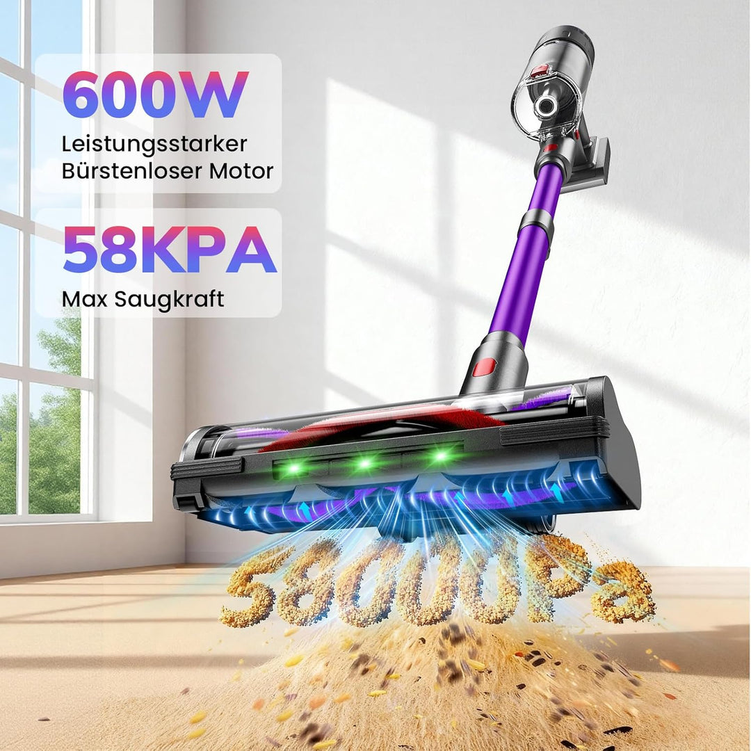 Akku Staubsauger, 600W/58000Pa/75Min, Laufzeit Staubsauger Kabellos mit Smart LED Display und Ladest