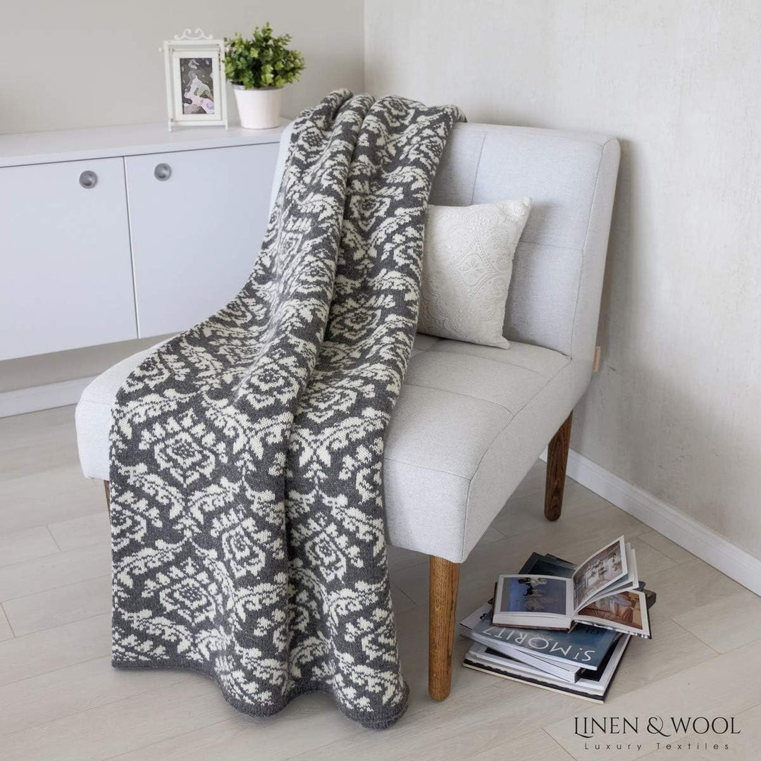 Linen & Cotton Jacquard Decke Wolldecke Gestrickt Caressa Damast Muster - 100% Reine Neuseeland Woll