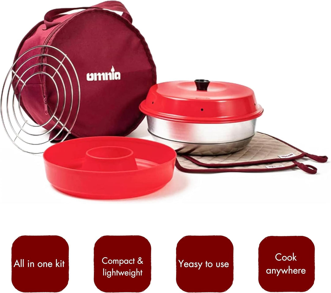 OMNIA Ofen Kit mit Zubehör - Set mit Campingofen, Silikonform, Aufbackgitter, Tasche und Topflappen,