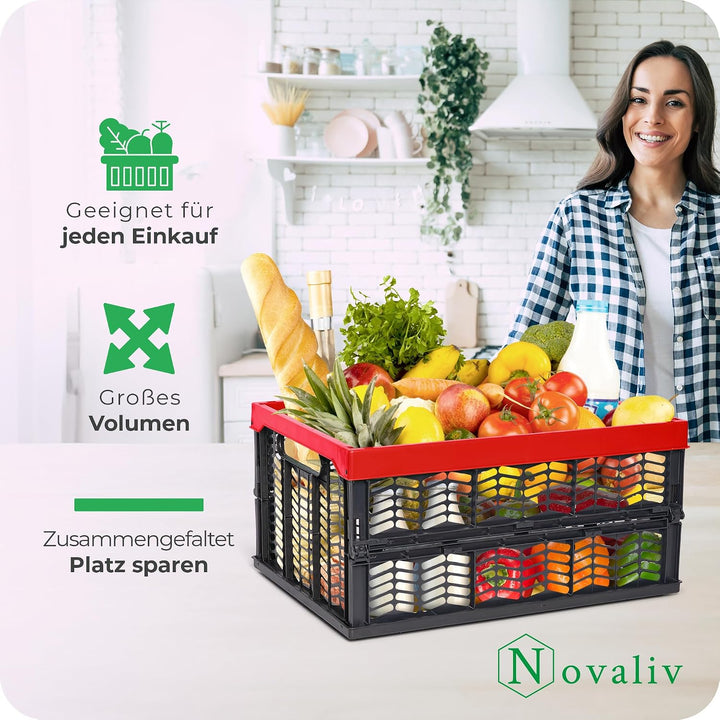 Novaliv Klappboxen faltbar stabil 2x 30L Rot Schwarz baskets Einkaufskiste Klappkisten Set Tragebox
