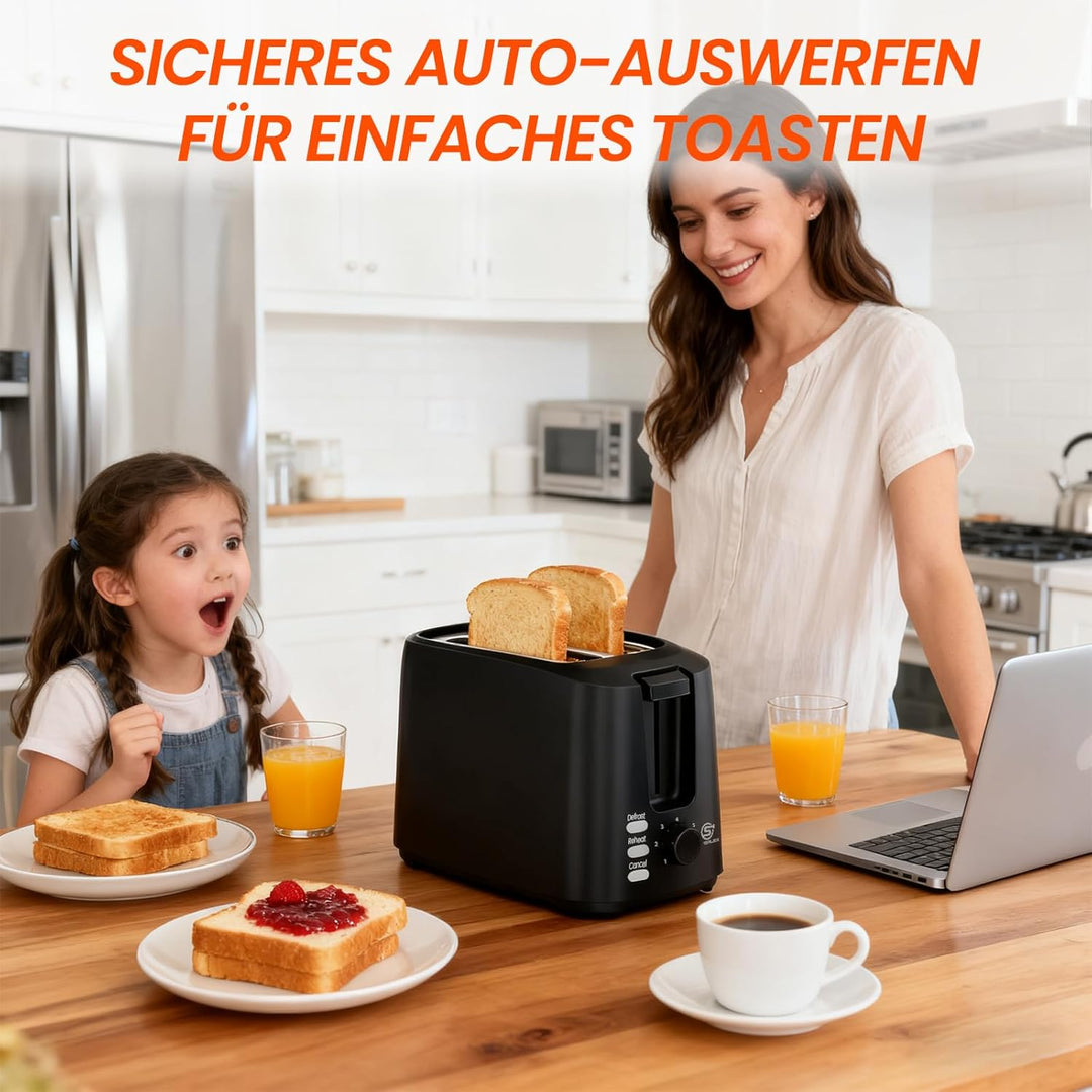 Toaster 2 Scheiben 750W Mini Toaster Schwarz Kompakt Design Mit 7 Bräunungsstufen Auftau Aufwärm Sto