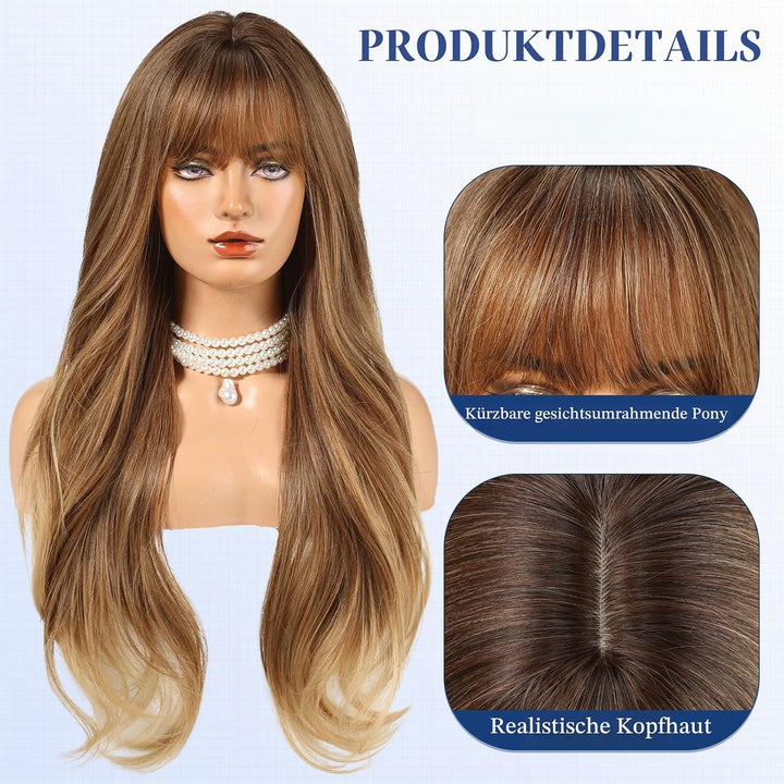 HAIRCUBE Lange Ombre-Perücke in Braun mit Pony, geschichtete lockige Perücken für Frauen, natürliche