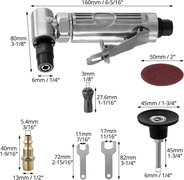 QWORK® Druckluftschleifer 90° Winkelschleifer mit 50mm Schleifscheiben - 12000 U/min - 1/4" Schnella