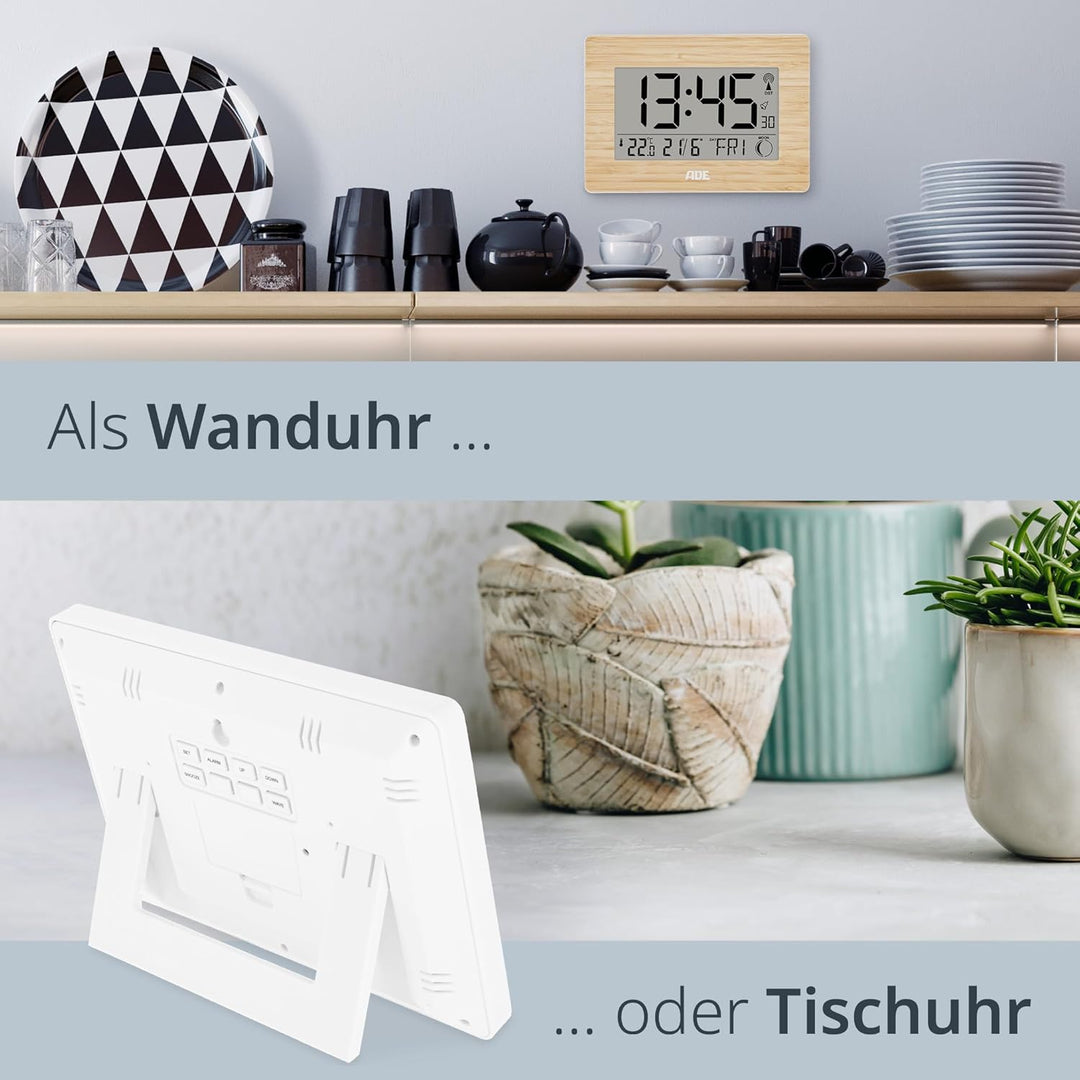 ADE Grosse Funkuhr digital mit XXL-Ziffern | Tischuhr mit Kalender und Wochentag | Digitale Uhr mit