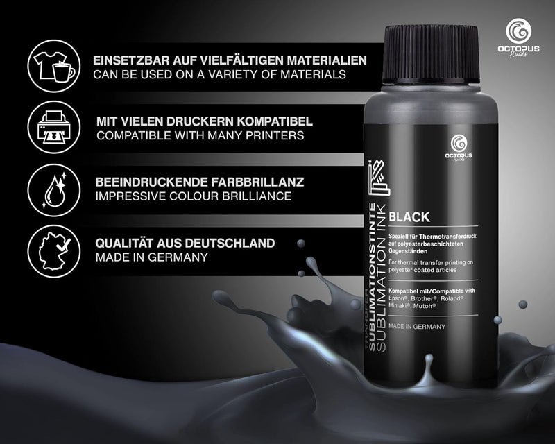 Octopus 1000 ml (1L) Sublimationstinte schwarz für Textildruck, Transferdruck, Sublimation Ink kompa