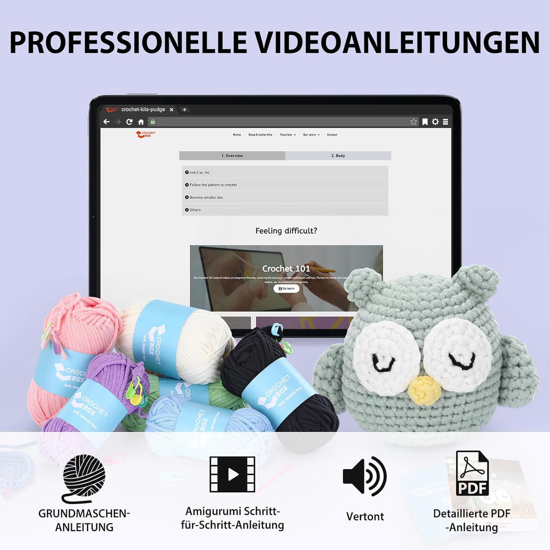 CrochetBox Komplettes Schottisches Hochlandrind Häkelset für Anfänger, Eulen Häkelset, Video-Tutoria