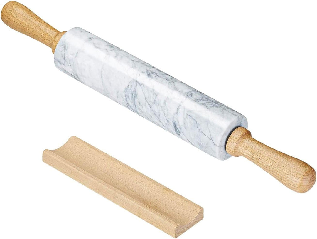 Intirilife Nudelholz aus Marmor mit Ablage in Weiss - 46.5 cm - Teigrolle, Backrolle, Wellholz, aus