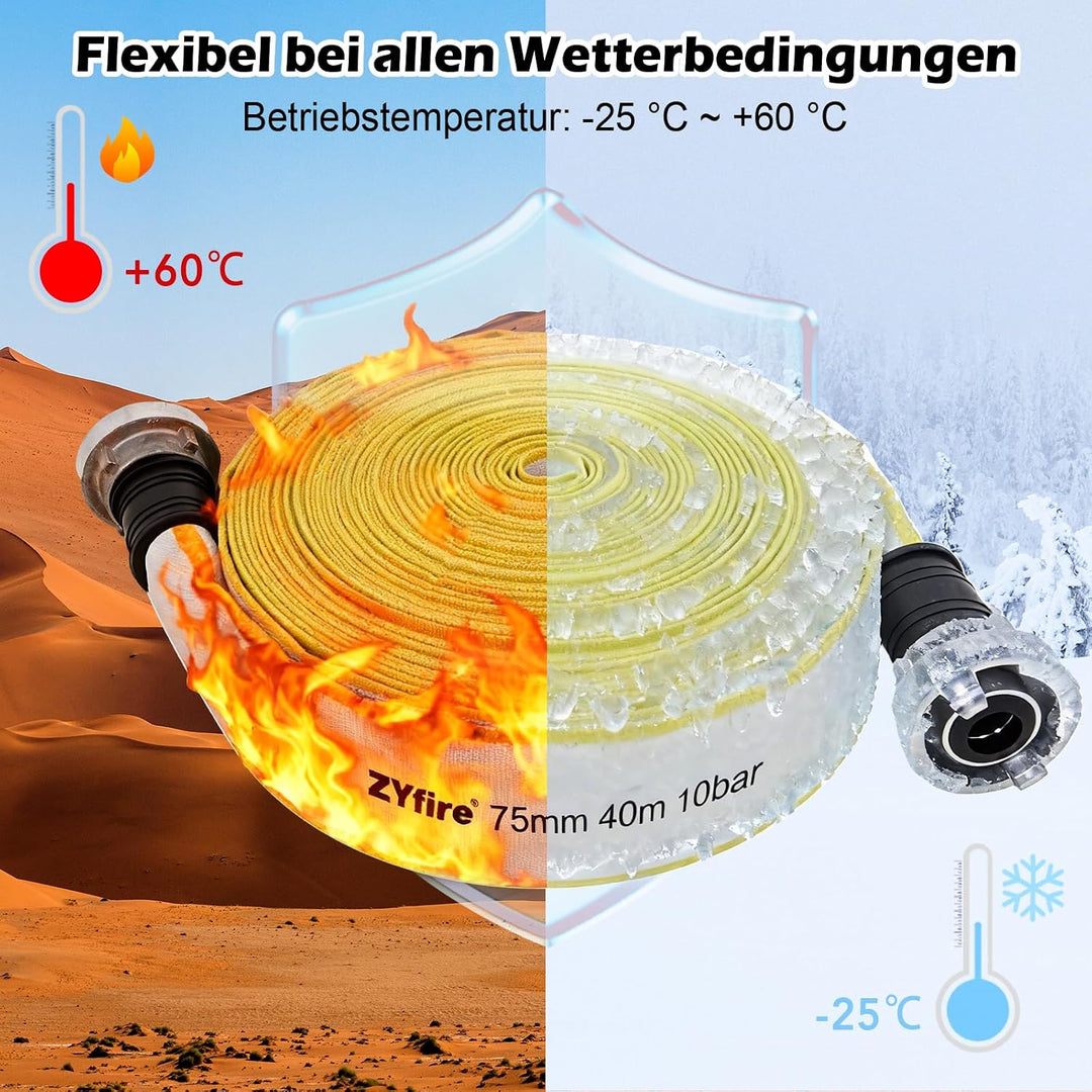 ZYfire Feuerwehrschlauch 75mm x 40m | 3 Zoll Schlauch mit B-Storz Kupplung | 10 Bar Betriebsdruck, -