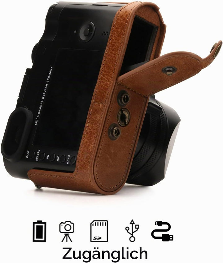 MegaGear MG1403 Leica Q-P, Q (Typ 116) Ever Ready Echtleder Kamera-Case mit Trageriemen - Braun, Bra