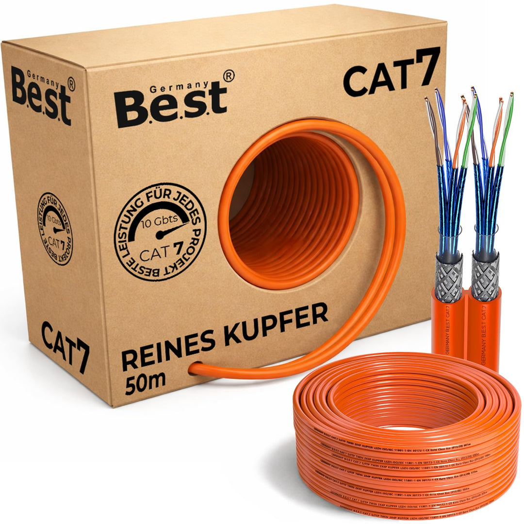 Best Germany CAT 7 Verlegekabel 50m Duplex Best Gigabit Netzwerkkabel Kupfer LAN 1000Mhz S/FTP Kat 7