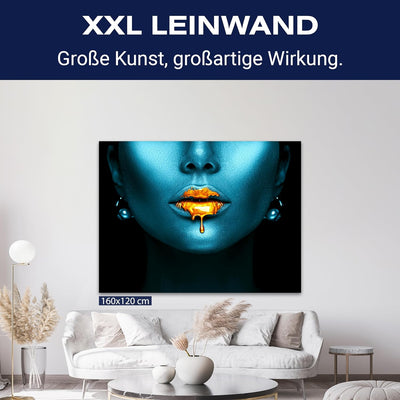 wandmotiv24 Leinwand-Bild Gold Collection, Grösse 60x45cm, Querformat, Frau in Blau mit Gold auf den