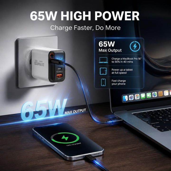 65W GaN Schnell Ladegerät mit 65cm einziehbarem Kabel, LED-Anzeige &amp;3‑Port