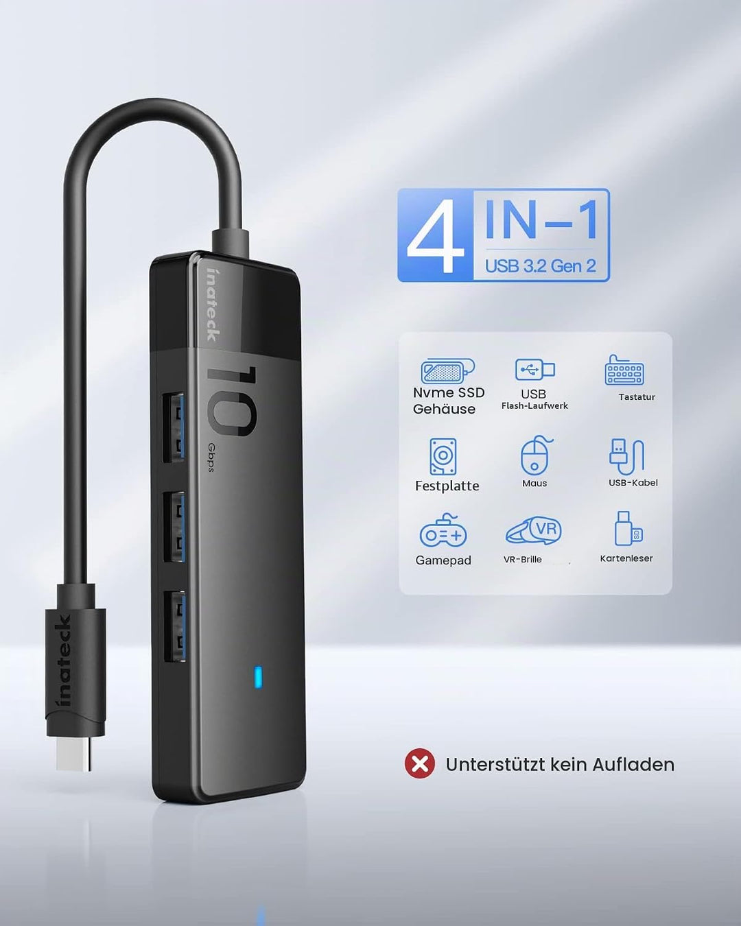 Inateck USB 3.2 Gen 2 Geschwindigkeit, USB-C zu USB Hub mit 4 USB-A-Anschlüssen, HB2025 4 in 1, 4 in
