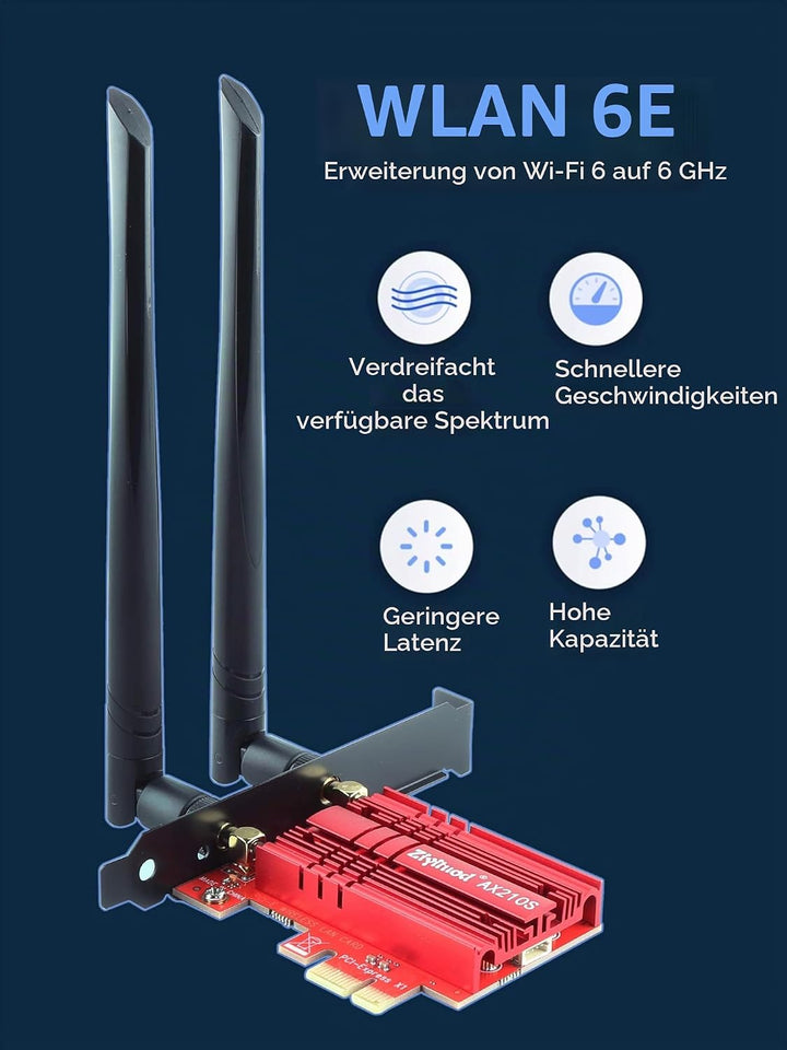 ZYT WLAN Karte, Intel AX210 Bluetooth5.2, Bis zu 5400Mbit/s Tri-Bands(6G/5G/2.4G) WLAN PCIe WiFi 6 K