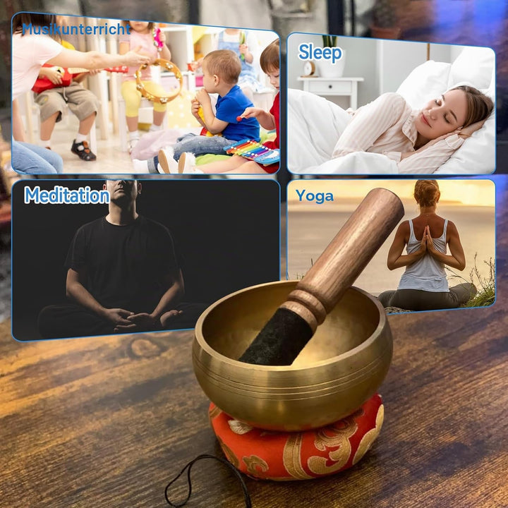 Tibetische Klangschale, handgestimmte Chakra-Stein-Schale mit 2 Glocken und Tragetasche, spirituelle