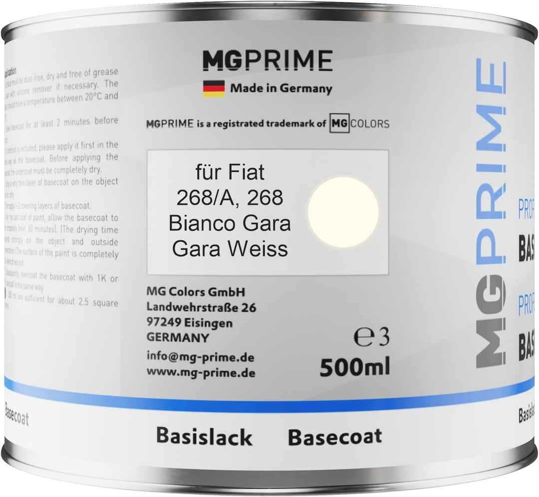 MG PRIME Autolack Dose spritzfertig für Fiat 268/A / 268 Bianco Gara/Gara Weiss Basislack 0,5 Liter