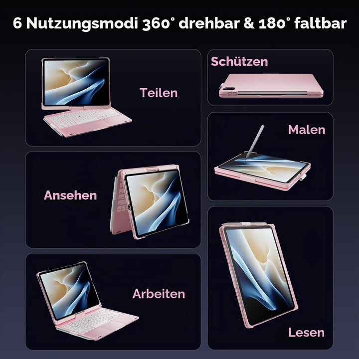 doqo iPad Air 11 &amp; iPad Pro 11 Tastatur Hülle mit Trackpad,360° drehbar Rosa German QWERTZ layout, R