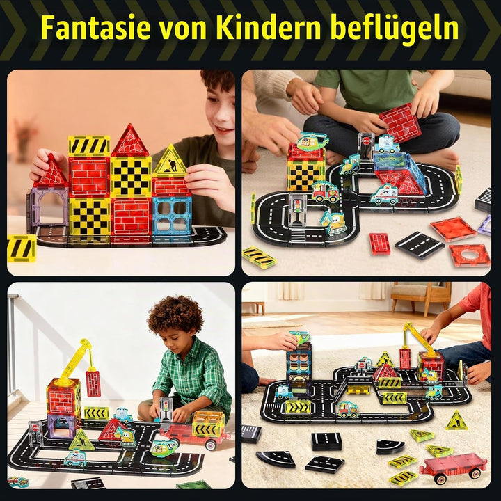 80PCS Magnetische Bausteine Strassenset, 7,5 cm Grosse Magnetische Bausteine inkl. Flugzeug Auto für