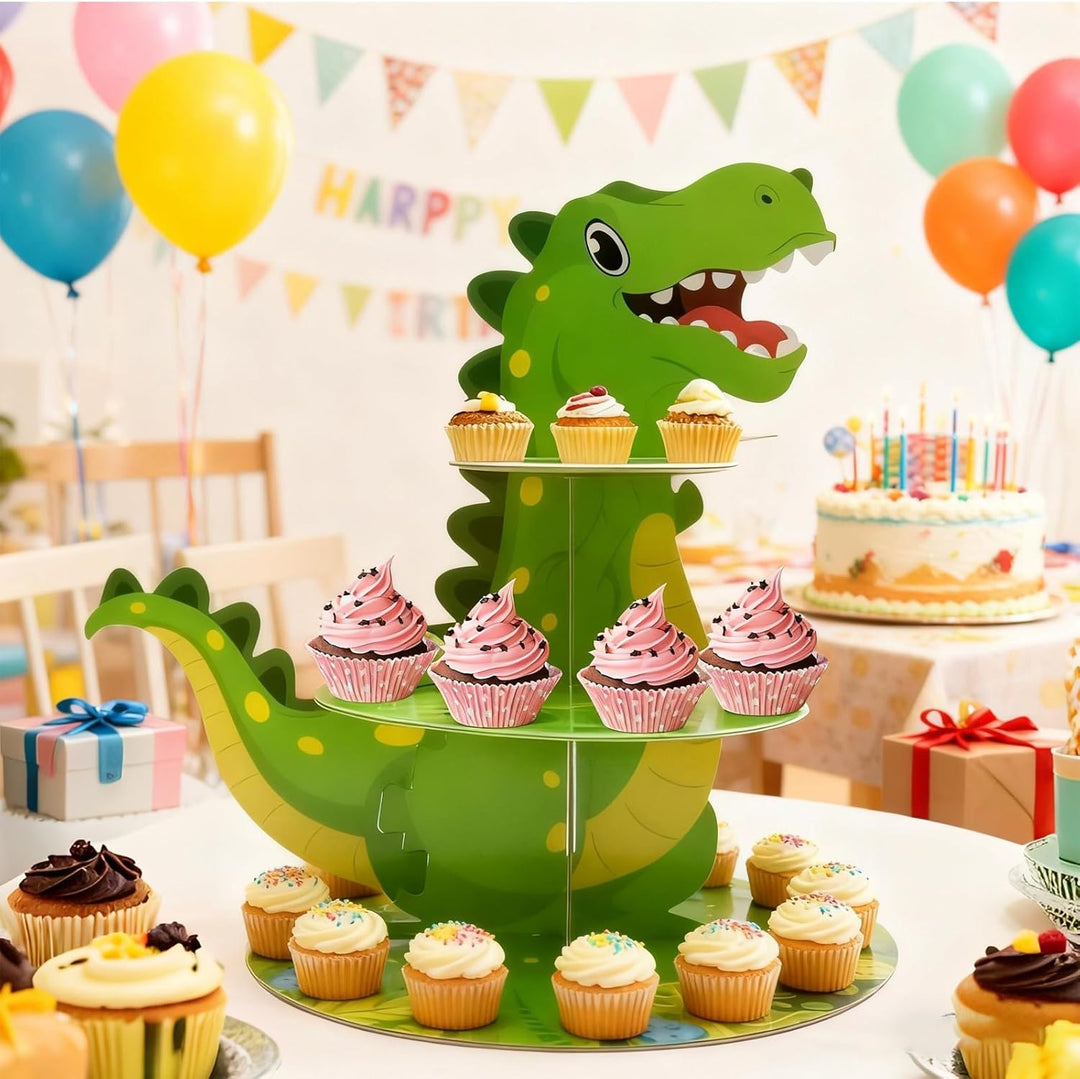 Dinosaurier-Cupcake-Ständer, Dreistöckiges Cartoon-Design, Ideal für Geburtstagsfeiern, Taufen und A