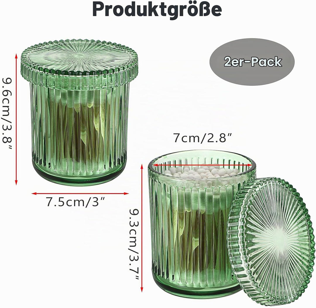 2 Stück Glas Wattestäbchen Behälter Wattepads Box mit Deckel Rund Wattepadspender Grün Aufbewahrungs