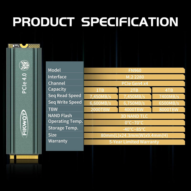 Fikwot FN960 4TB M.2 2280 PCIe Gen4 x4 NVMe 1.4 Internes Solid State Drive mit Kühlkörper – Bis zu 5