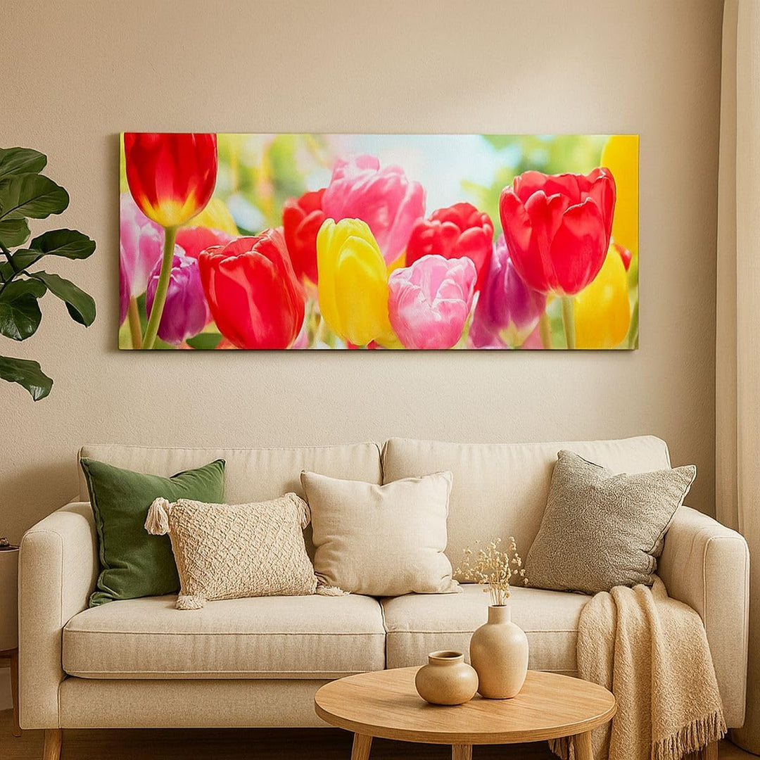 Wandbilder Dekoration Wohnzimmer Tulpe Blume Garten Plantage Panorama Bilder auf Leinwand 120x50cm L