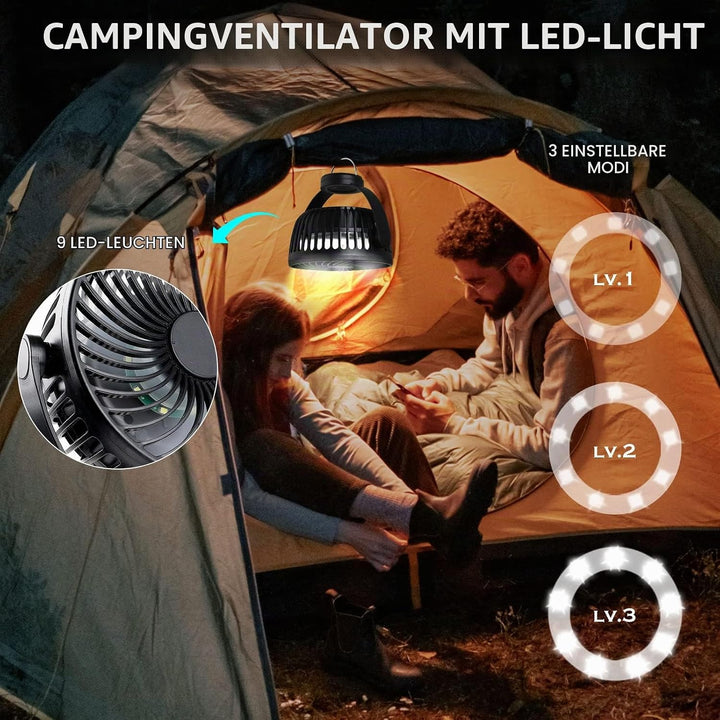 Hianjoo Kinderwagen Ventilator mit LED Leicht, 5200mAh Kleiner Tischventilator Camping Ventilator, 3