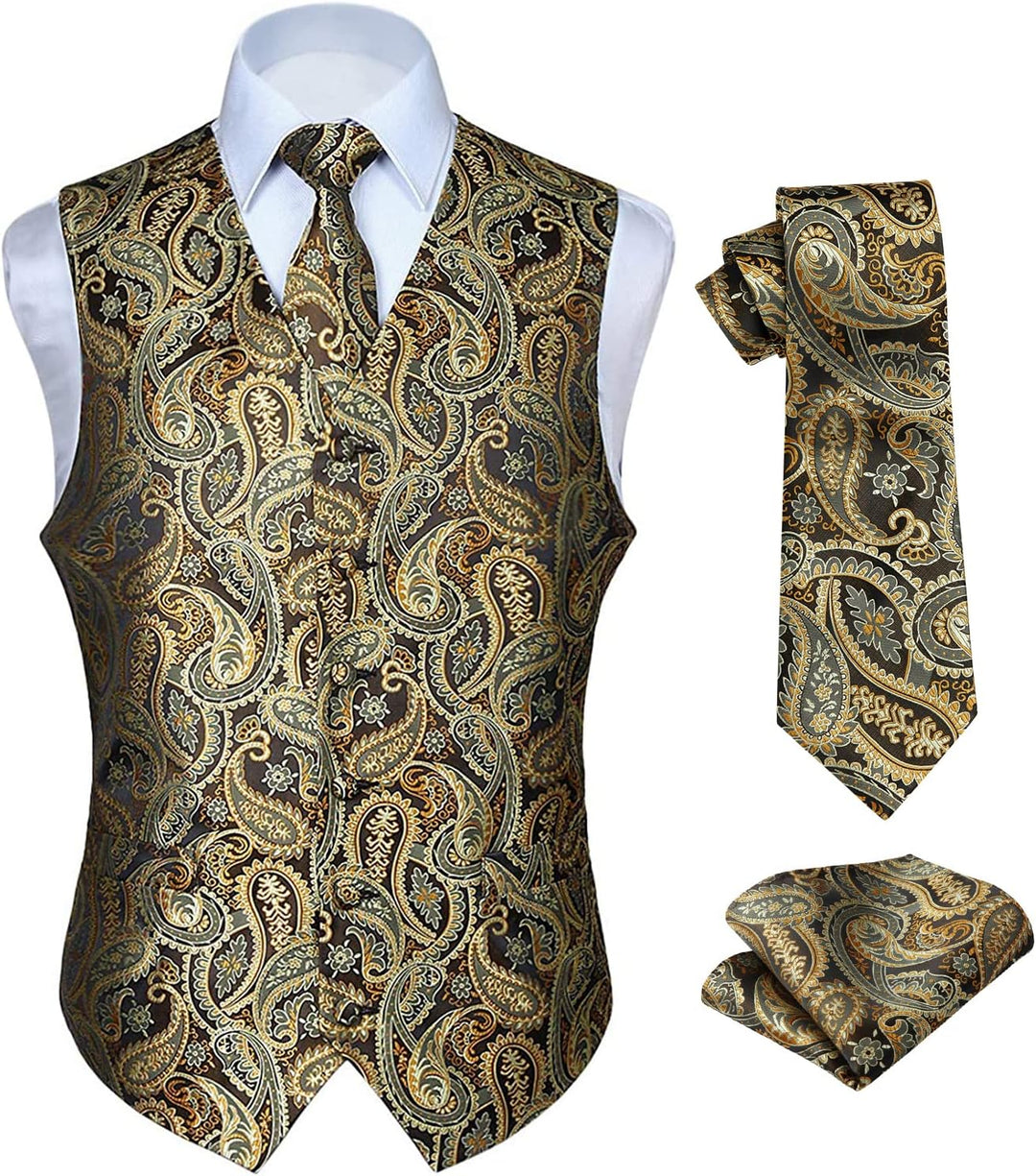 HISDERN Herren FLoral Hochzeit Weste Krawatte Einstecktuch Taschentuch Jacquard Weste Anzug Set M Go