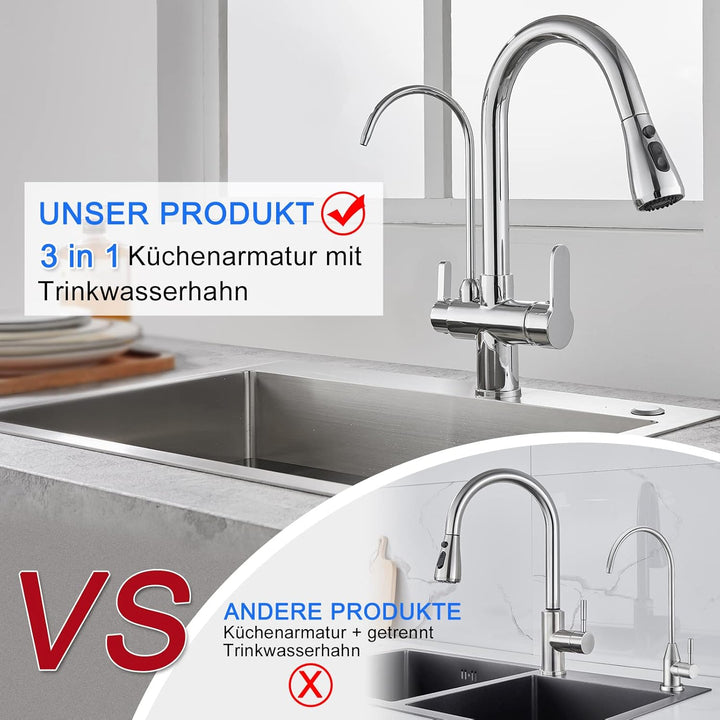 KEOKBON 3 Wege Küchenarmatur mit Ausziehbarer Brause, 3 in 1 Mischbatterie Trinkwasserhahn Küche Was