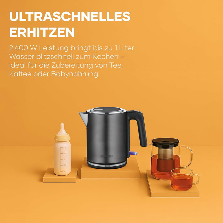 Severin Wasserkocher mit Fast-Boil-Power und Kalkfilter, 1 L Fassungsvermögen, Einhandbedienung, Tee