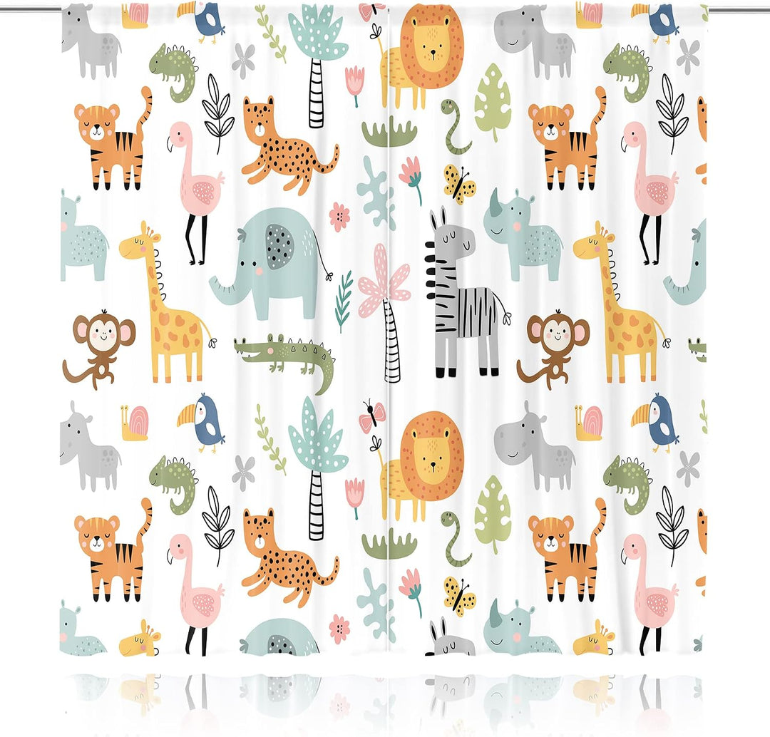 MESHELLY Cartoon-Safari-Dschungel-Tier-Vorhänge, 107x160 cm, Stangentasche, Wald, Wildtiere, Schlafz