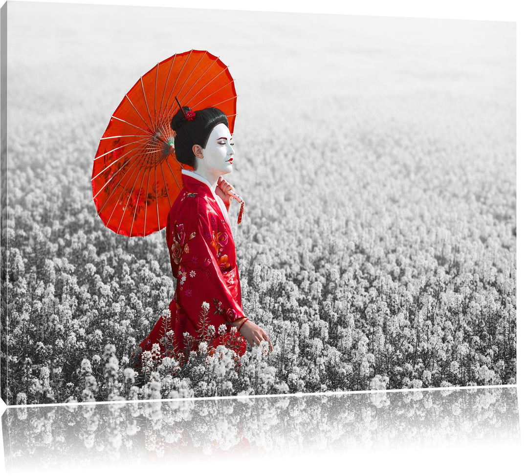 Pixxprint Geisha auf dem Feld / 100x70cm Leinwandbild bespannt auf Holzrahmen/Wandbild Kunstdruck De