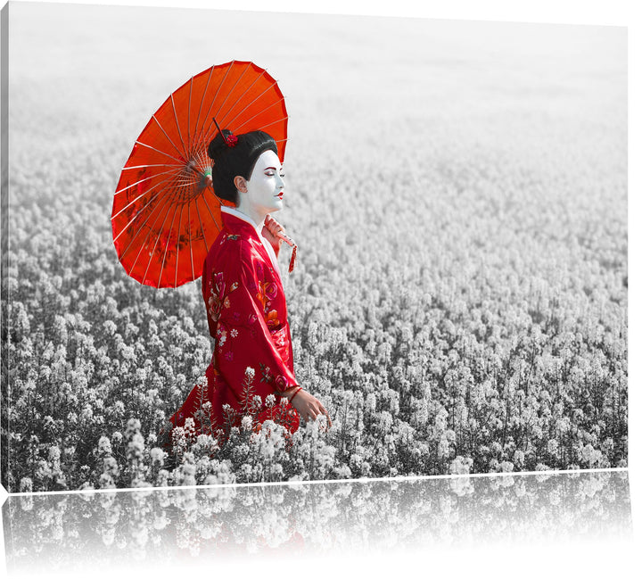 Pixxprint Geisha auf dem Feld / 100x70cm Leinwandbild bespannt auf Holzrahmen/Wandbild Kunstdruck De