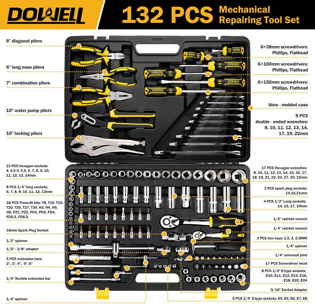 DOWELL Werkzeugsatz 132 Stück, Professional Auto Mechanics Hand Tool Kit, All-in-One für Auto-, Moto
