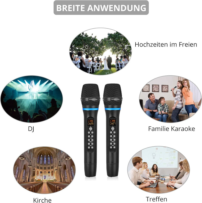 PROZOR Dual Drahtloses Mikrofon Abstimmbares UHF mit Bluetooth Wiederaufladbares Mikrofon Kabelloses