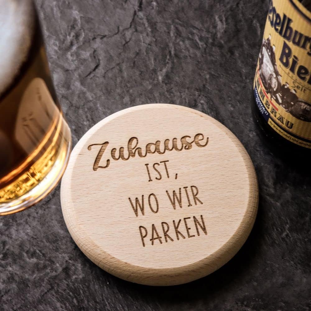 Spruchreif · Bierdeckel mit Camping-Sprüchen aus hochwertigem Buchenholz · 2in1 Untersetzer und Deck