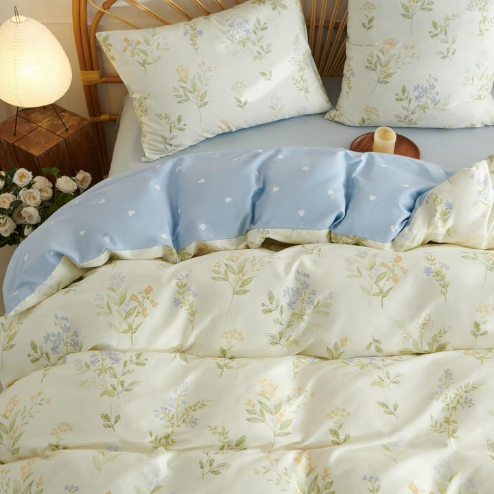 Freyamy Blumen Bettwäsche 135x200cm 2teilig Baumwolle Beige Bunt Floral Blätter Pflanzen Wendebettwä