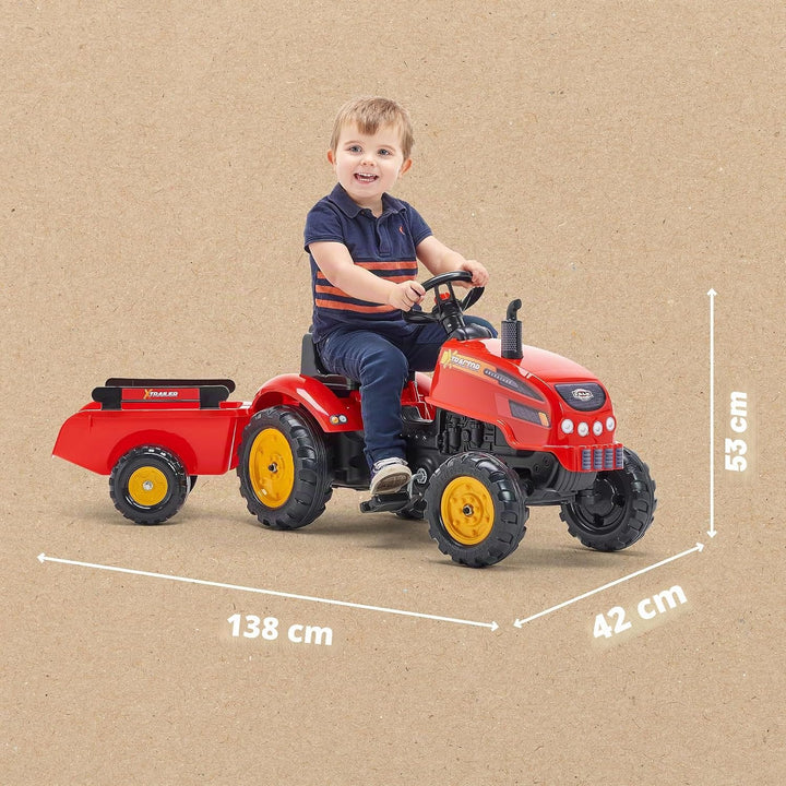FALK - Traktor mit Pedalen X Tractor – Rot – mit Haube zum Öffnen und Anhänger ab 2 Jahren – 2046AB