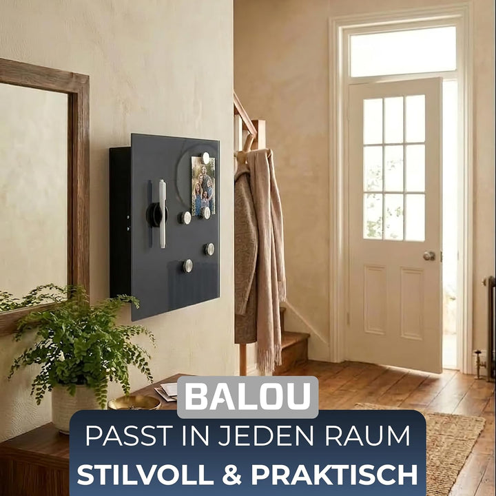 BALOU Schlüsselkasten modern mit Glas Magnettafel - Memoboard magnetisch mit 6 Magneten und Stift -