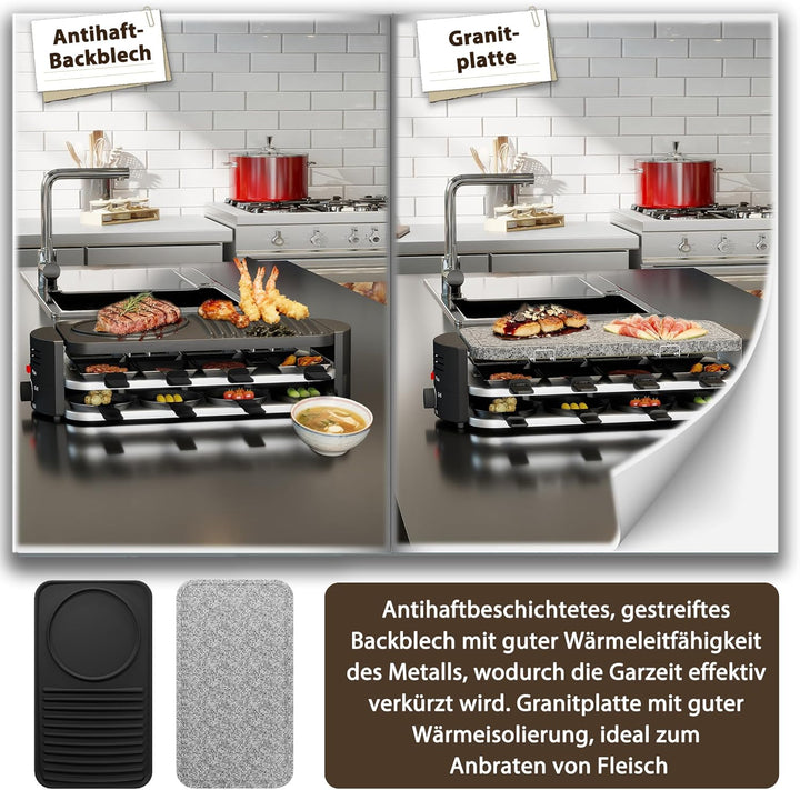 FIVMEN Raclette 8 Personen Raclette Grill 1600W mit 14 Pfännchen, Granitplatte & Antihaftplatte Elec