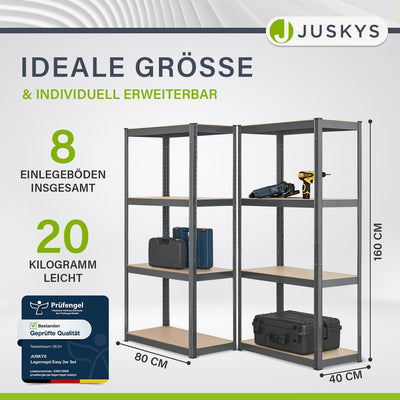 Juskys 2er-Set Lagerregal Easy 2X 160x80x40cm (HxBxT) - 640kg Traglast - 8 Böden - Metall Schwerlast