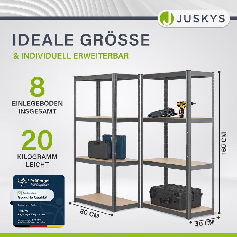 Juskys 2er-Set Lagerregal Easy 2X 160x80x40cm (HxBxT) - 640kg Traglast - 8 Böden - Metall Schwerlast