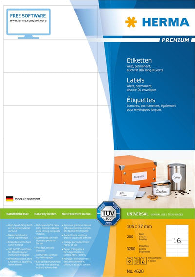 HERMA 4620 Adressetiketten, 200 Blatt, 105 x 37 mm, 16 Stück pro A4 Bogen, 3200 Aufkleber, selbstkle