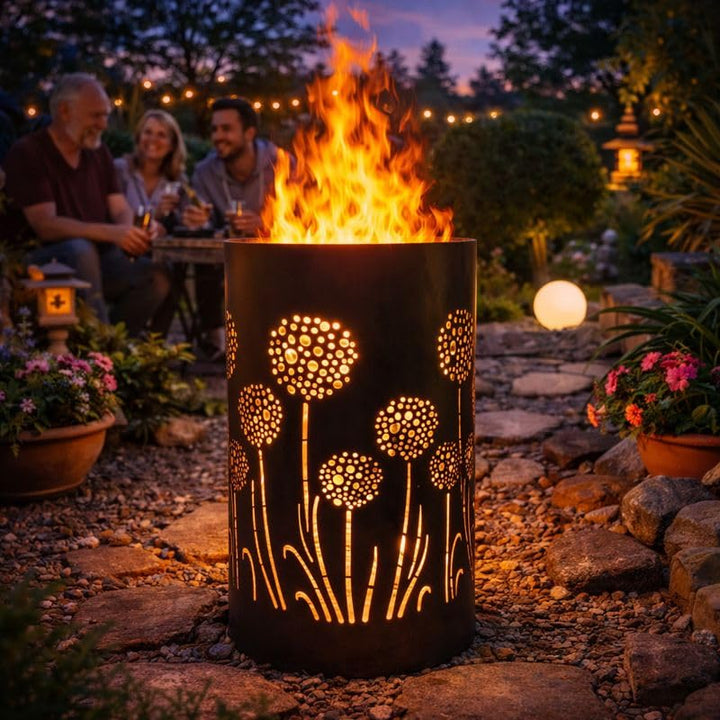 TiKo-Design Feuertonne Feuerkorb mit Motiv – Lagerfeuertonne mit Pusteblumen Motiv – Perfekt für gem