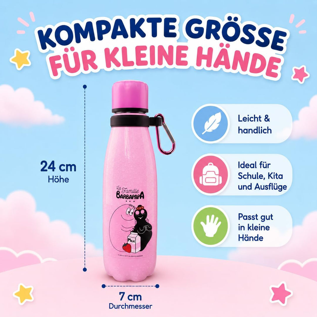 Barbapapa Trinkflasche Kinder 350 ml - Thermosflasche Edelstahl auslaufsicher BPA-frei - Isolierflas