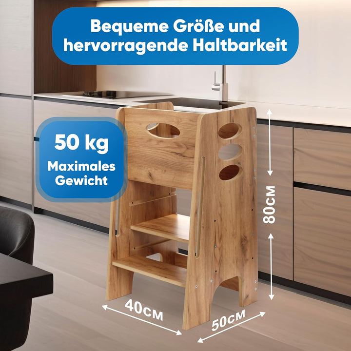 Kitchen Kids Helper Lernturm ab 1 Jahr - Höhenverstellbarer Lernturm Montessori Eiche 80cm - Sichere