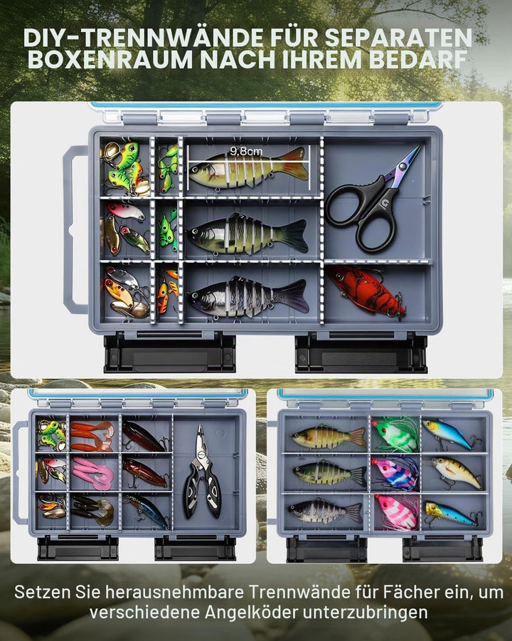 Gonex Köderboxen Angeln 2er-Pack, Wasserdichte Angelboxen mit Verstellbaren Fächern, Transparente Tr