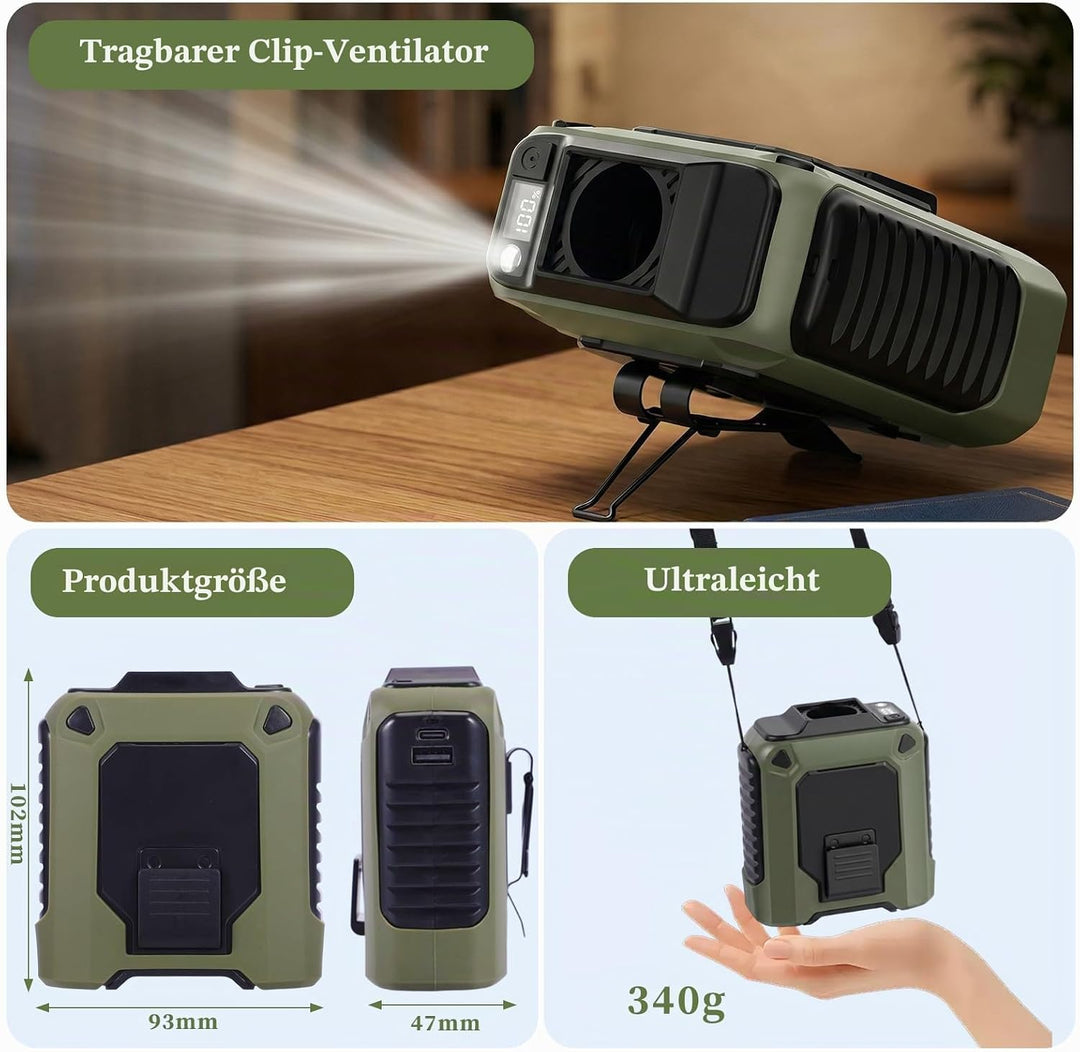 6-in-1 Taillen Clip Ventilator mit COB-Licht&Powerbank, USB Wiederaufladbar, 40 Stunden Laufzeit, Ve