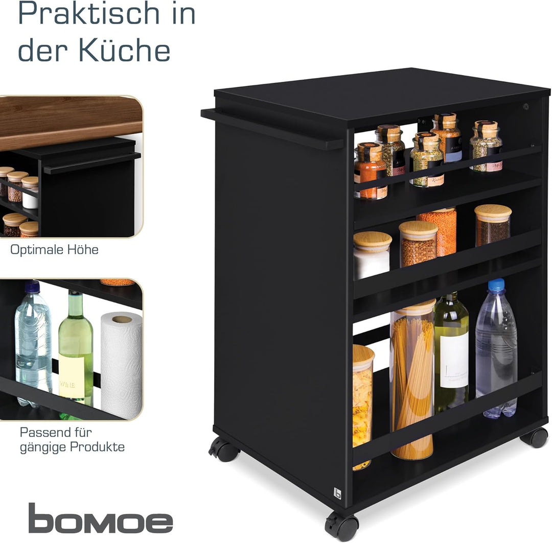 bomoe Nischenwagen Servierwagen auf Rollen mit 3 verstellbaren Ebenen & FSC® Holz Küchenwagen mit Ar