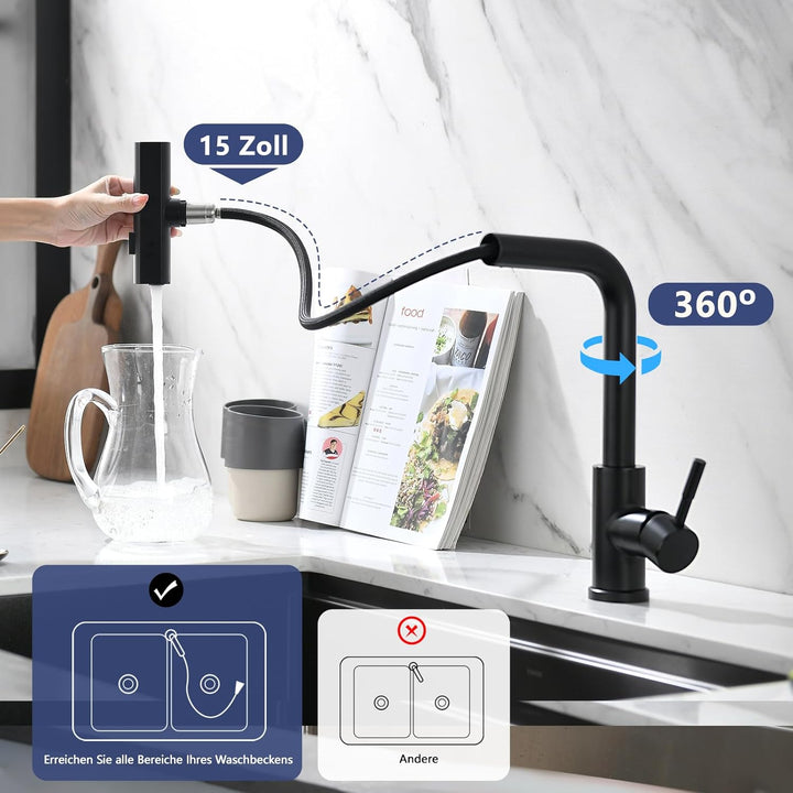 AIMADI Küchenarmatur ausziehbar Schwarz, Wasserhahn Küche mit 3-Wege-Duschbrause & 38cm Schlauch, Ei